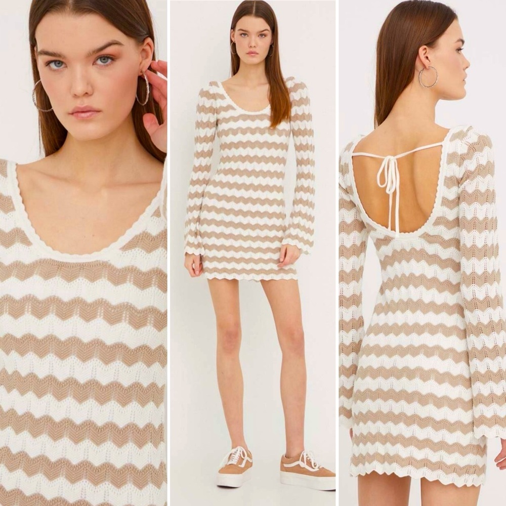 NWT Hollister Women White Long Sleeve Striped Brown WhiteCrochet Dress Women M